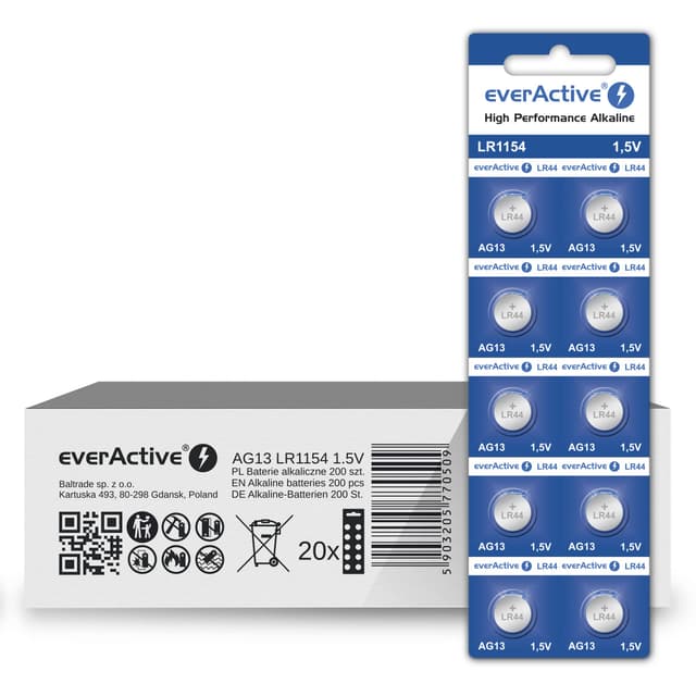 everActive AG13 1.5V, 200 Stück Batterien, Alkaline, Mini, G13 LR1154 LR44, 4 Jahre Haltbarkeit, 200 Stück – 20 Blisterkarten AG13 20 Blister/200 Stück