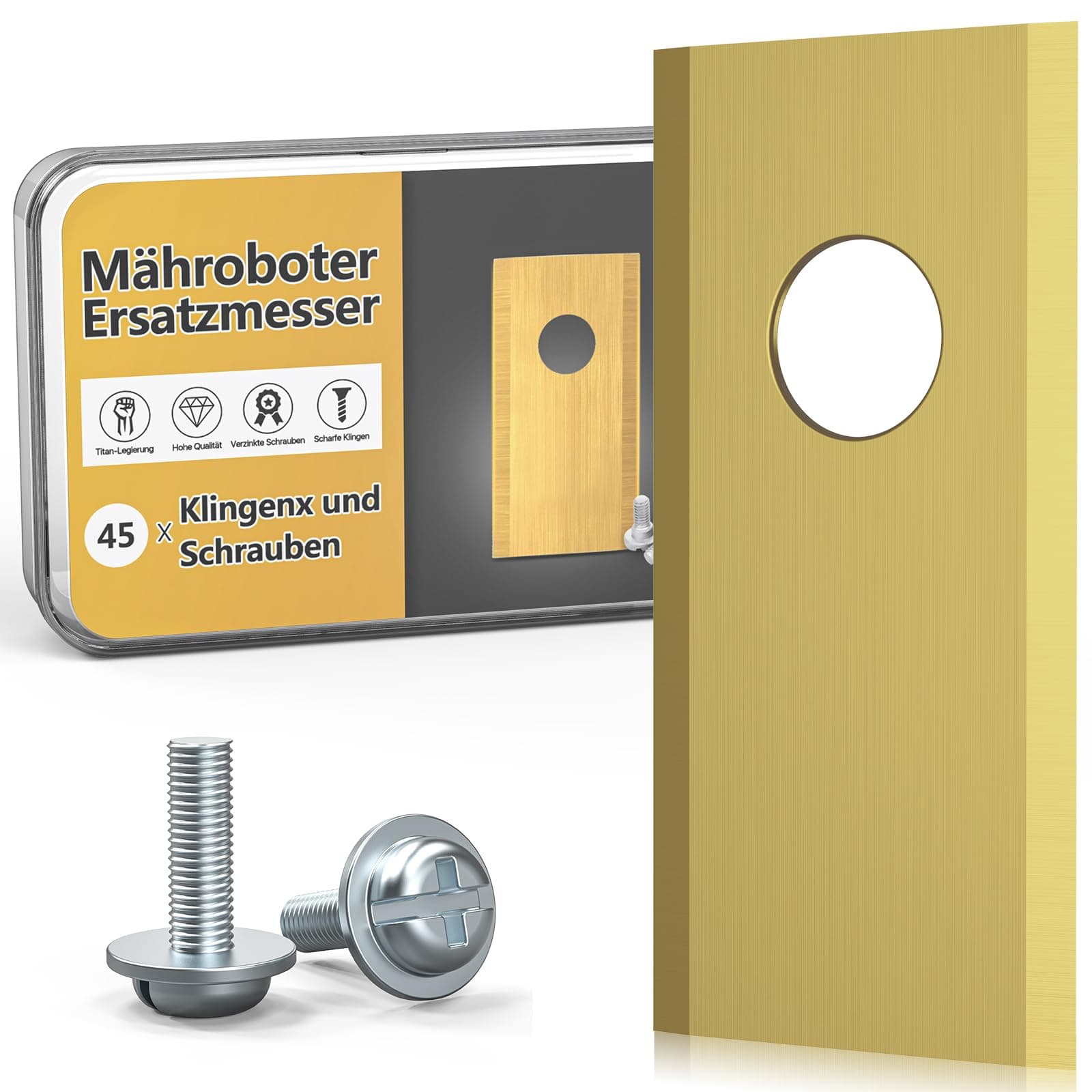 TBoonor 45x Premium Mähroboter Messer - Edelstahl mit Titan-Beschichtung Ersatzklingen für Worx Landroid, LandXcape, Zoef, Einhell - Ultra scharfe & langlebige Rasenroboter Klingen inkl. Schrauben Worx-45 Stück