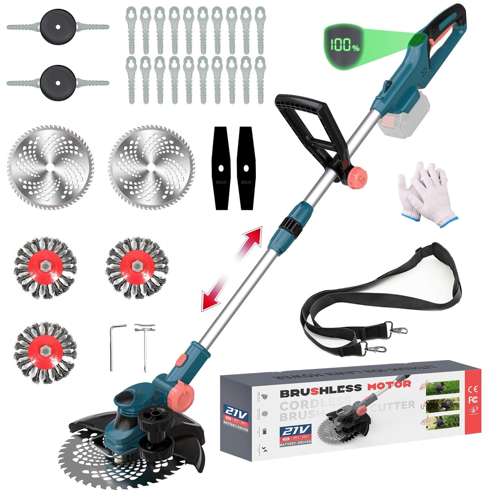 Hengriacly Akku Rasentrimmer für Makita Akku 18V(MAX 21V), 2-in-1 Rasenkantenschneider, Bürstenloser Motor, Freischneider mit Unkrautbürste, 90° Drehbarer, 23 cm Schnittkreis(ohne Akku & Ladegerät) Blau