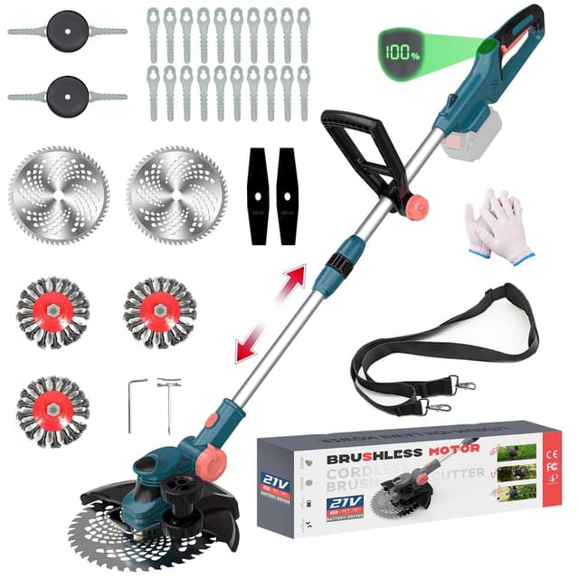 Hengriacly Akku Rasentrimmer für Makita Akku 18V(MAX 21V), 2-in-1 Rasenkantenschneider, Bürstenloser Motor, Freischneider mit Unkrautbürste, 90° Drehbarer, 23 cm Schnittkreis(ohne Akku & Ladegerät) Blau