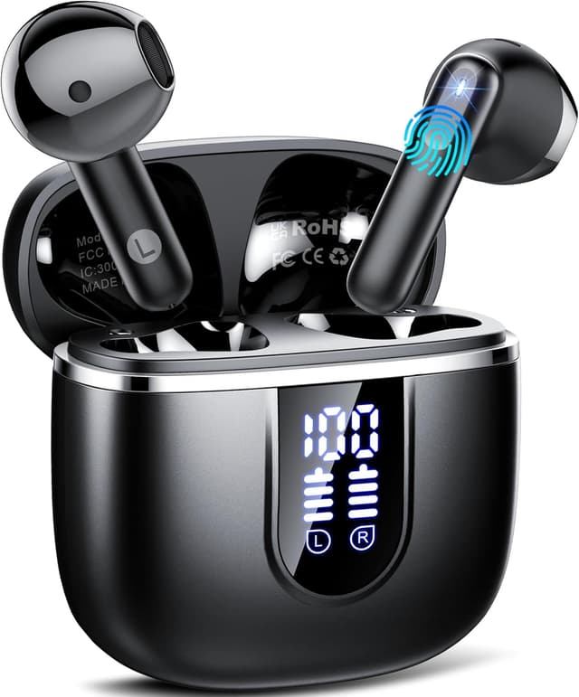 Bluetooth Kopfhörer, Kopfhörer Kabellos Bluetooth 5.4 In Ear Kopfhörer mit 4 ENC Noise Cancelling Mikrofonen, 40Std Ohrhörer mit LED Anzeige USB-C, IP7 Wasserdicht Wireless Earbuds für Sport Arbeit Tiefschwarz