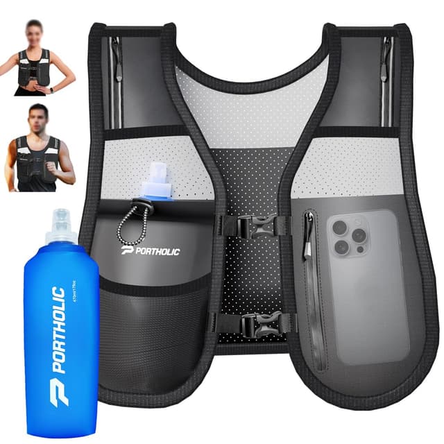 PORTHOLIC Laufweste für Frauen Männer mit 17oz Wasserflasche |Verstellbare Trinkweste |Reflektierend |Leichtgewicht |6 Taschen |Atmungsaktivfür Laufzubehör zum Wandern Laufen Schwarz M