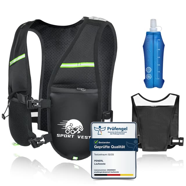 Laufweste Herren - Prüfengel Zertifiziert Leichte & Atmungsaktive Laufweste Damen mit 500ml Wasserflasche, Laufrucksack Herren mit Mehreren Taschen und Verstellbarem Riemen für Rennen Einheitsgröße