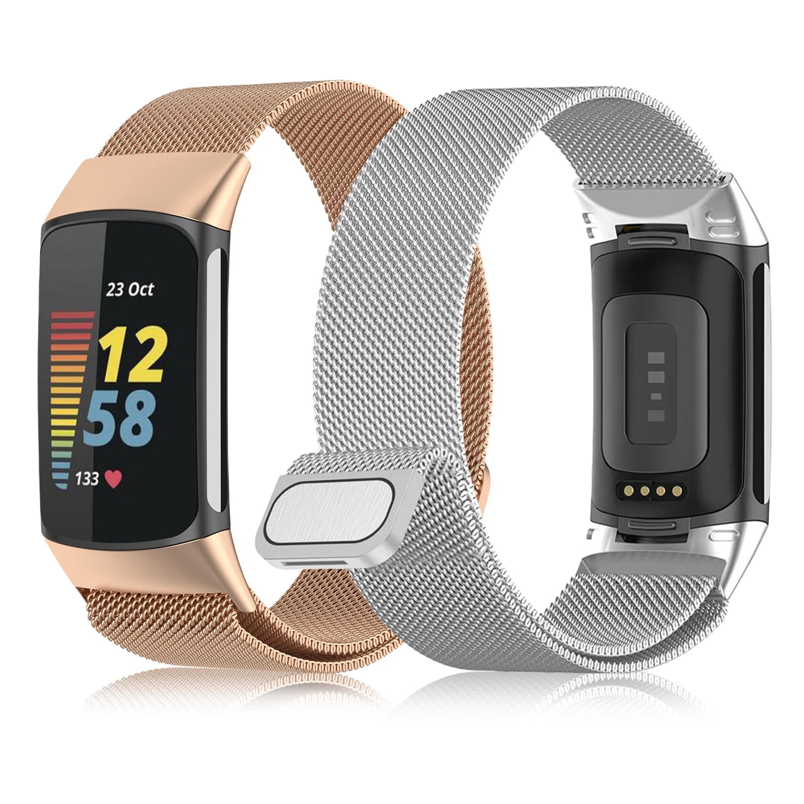 ALULU 2 Stück Metall Armband für Fitbit Charge 6/5 Damen Herren, Magnetverschluss Maschen Schleife Verstellbares Armband Kompatibel mit Fitbit Charge 6/5, Champagner Gold & Silber
