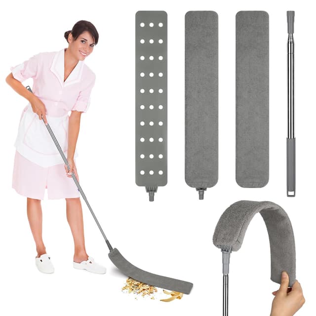 Teleskop Staubwedel Waschbar, Stange Biegbar Eckbesen, 1.2m-2.5m Ausziehbar Duster Mikrofaser Edelstahl Teleskop mit Zwei Austauschbare Reinigungsbürsten,für Staubwedelen Spinnweben Grau-4pcs
