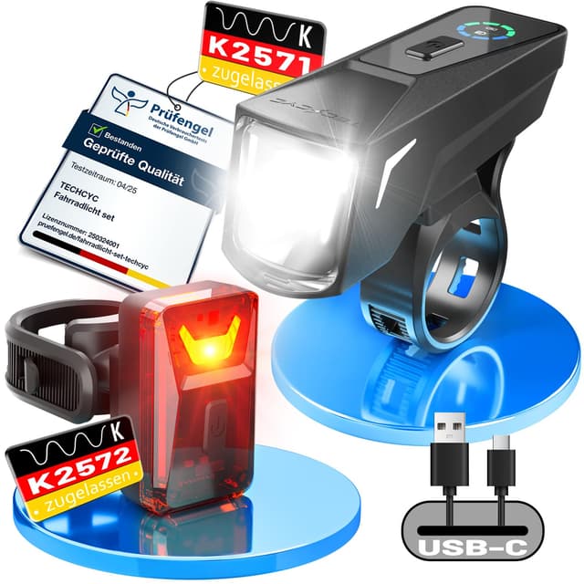 TECHCYC Fahrradlicht Set mit Lightsensesensor, Fahrradlampe bis zu 70 Lux LED, Fahrradbeleuchtung StVZO zugelassen, USB Aufladbar Fahrradlampe, IPX6, 2500 mAh Fahrradlichter Vorne & 300 mAh Rücklicht