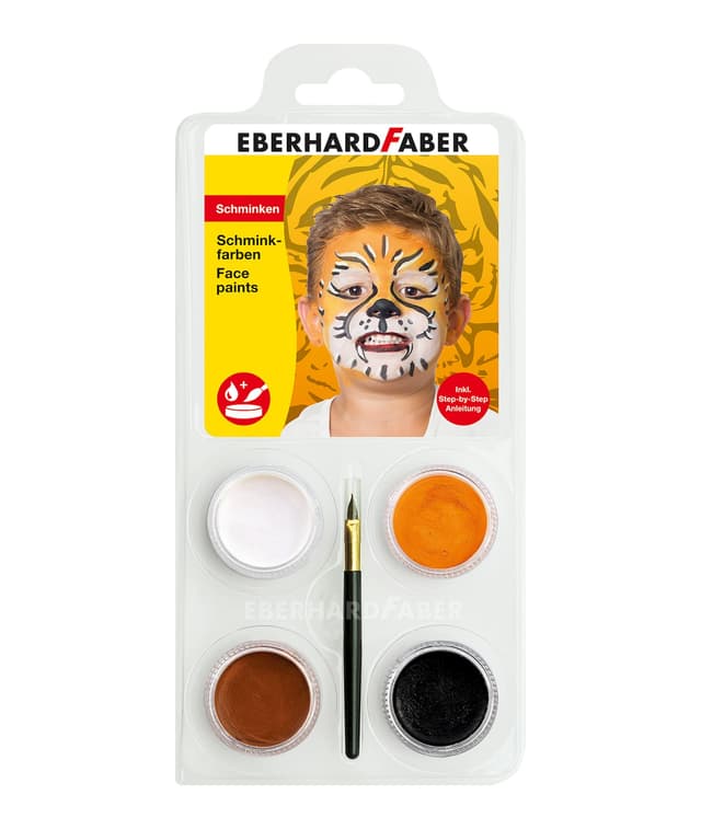 Eberhard Faber 579025 - Kinderschminke Set Tiger, 4 Schminkfarben mit Pinsel und Anleitung