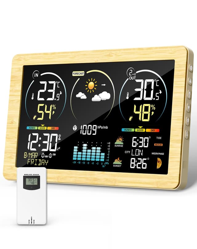 VOKSUN Wetterstation Funk mit Außensensor & Farbdisplay | Wettervorhersage, Innen/Außen-Thermometer & Hygrometer, Luftdruckmessung | Schlummerwecker, Dual-Strom (Batterie/Netzbetrieb) | Khaki
