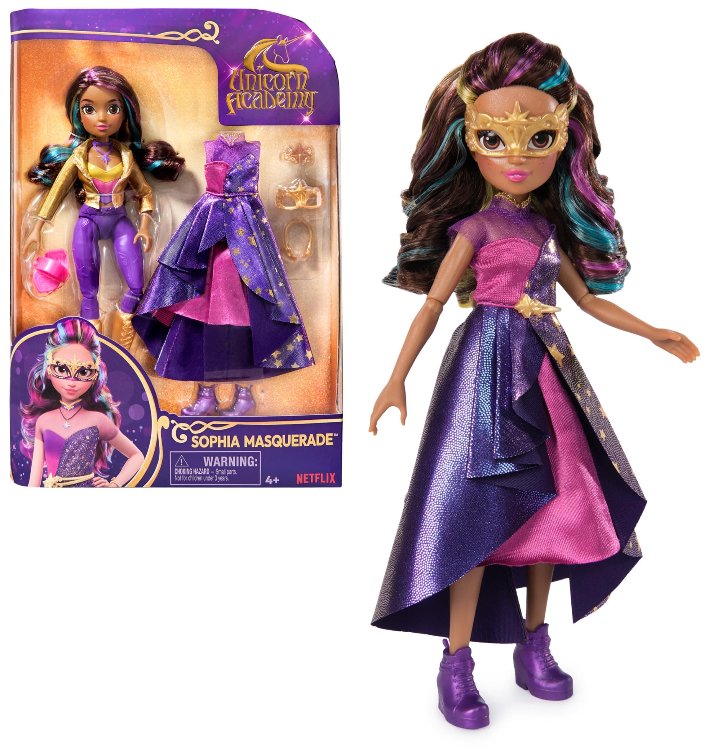 Unicorn Academy Deluxe Ankleidepuppe Maskenball - Sophia, Originalpuppe zur beliebten Netflix-Serie, 24 cm groß, mit 2 Outfits und Accessoires, für Kinder ab 4 Jahren