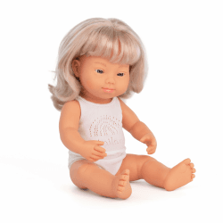 Miniland Dolls: europäische Babypuppe Mädchen, blond, mit Down Syndrom aus weichem Vinyl, 38 cm, präsentiert mit Unterwäsche in Geschenkbox (31264), Natur