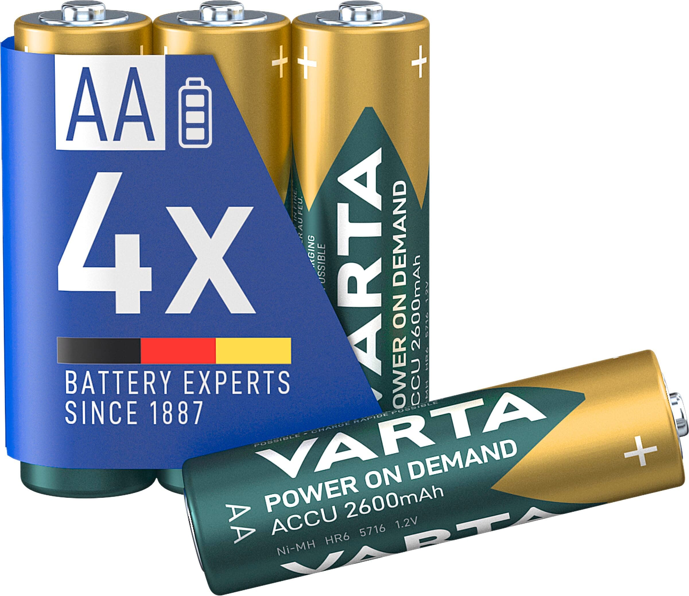 VARTA Batterien AA, wiederaufladbar, 4 Stück, Power on Demand Recharge Accu, Akku, 2600 mAh Ni-MH, ohne Memory Effekt, vorgeladen, sofort einsatzbereit AA, 2600 mAh 4 Stück