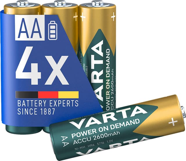 VARTA Batterien AA, wiederaufladbar, 4 Stück, Power on Demand Recharge Accu, Akku, 2600 mAh Ni-MH, ohne Memory Effekt, vorgeladen, sofort einsatzbereit AA, 2600 mAh 4 Stück