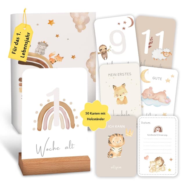Giftota Meilensteinkarten Baby - 50 Meilensteinkarten inkl. Kartenständer aus Holz - Baby Geschenk für Junge und Mädchen - Boho Stil Meilensteinkarten Bunt Boho
