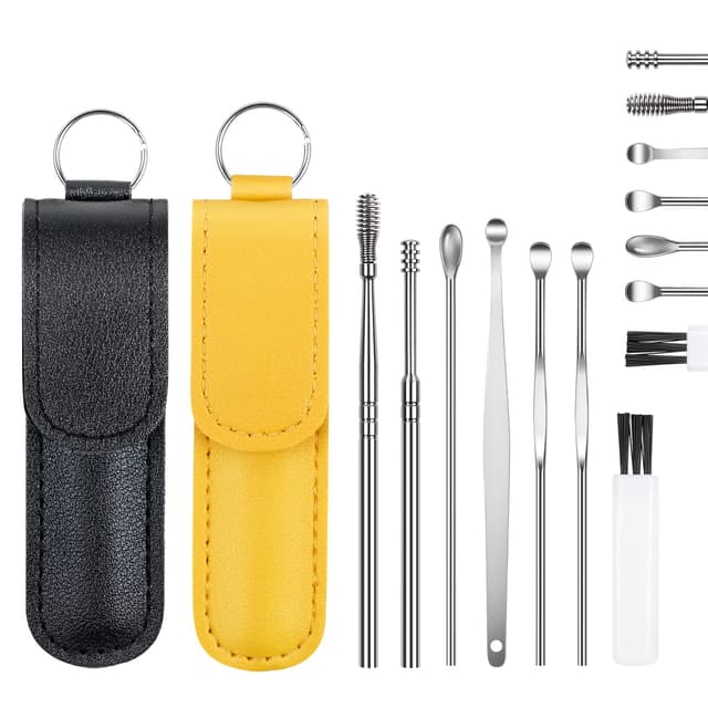 Vicloon Ohrenreiniger, Ohrenschmalz Entferner 14 in1 Ohrreiniger aus Edelstahl mit Tragbare Aufbewahrungstasche Ear Cleaner, Geeignet für Zuhause, Geschäftsreise, Reisen(Gelb+Schwarz)