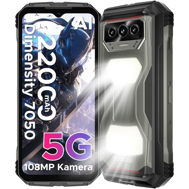 DOOGEE V MAX S 5G Outdoor Handy Ohne Vertrag, 22000mah 33W, 24GB+256GB, 6,58" FHD+ 120Hz Outdoor Smartphone Android 14, Dual 1200LM Campinglicht Baustellenhandy 108MP+20MP, Dual Lautsprecher/NFC/IP69K Blei Grau