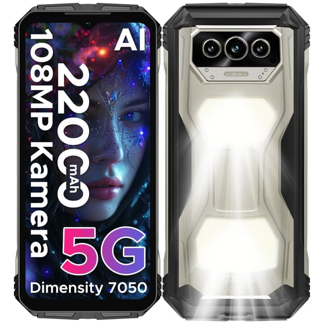 DOOGEE V MAX S 5G Outdoor Handy Ohne Vertrag, 22000mah 33W, 24GB+256GB, 6,58" FHD+ 120Hz Outdoor Smartphone Android 14, Dual 1200LM Campinglicht Baustellenhandy 108MP+20MP, Dual Lautsprecher/NFC/IP69K Sonnenuhr Titan
