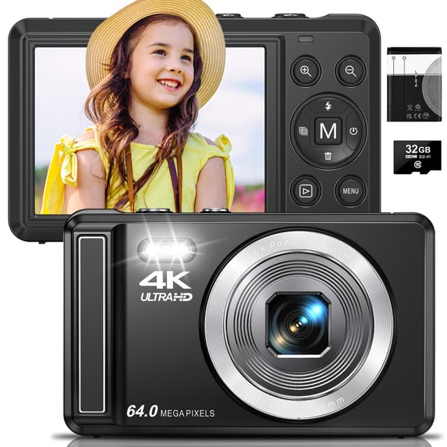 4K 64MP Digitalkamera, Autofokus UHD Kompaktkameras für Fotografie und Video - Wiederaufladbare Vlogging-Kamera mit 32-GB-Karte, Akku, 16-facher Digitalzoom für Kinder Anfänger Teenager Full-Size