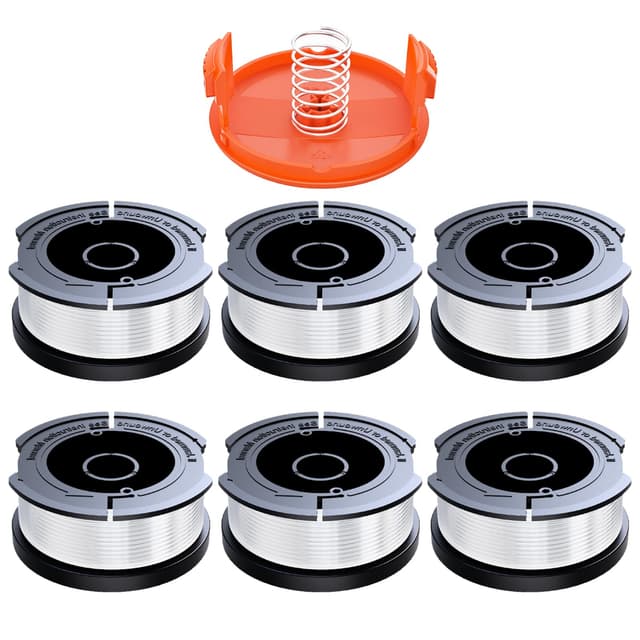 6 Stück Rasentrimmer Spule Kompatibel mit Black und Decker Rasentrimmer，Ø1,65mm,10m Trimmer Spule,Enthält 6 Ersatz-Trimmerspulen,1 Ersatz-Spulenabdeckung und 1 Ersatzfeder 6 Spulens+1 Spulenkappen+1 Federn