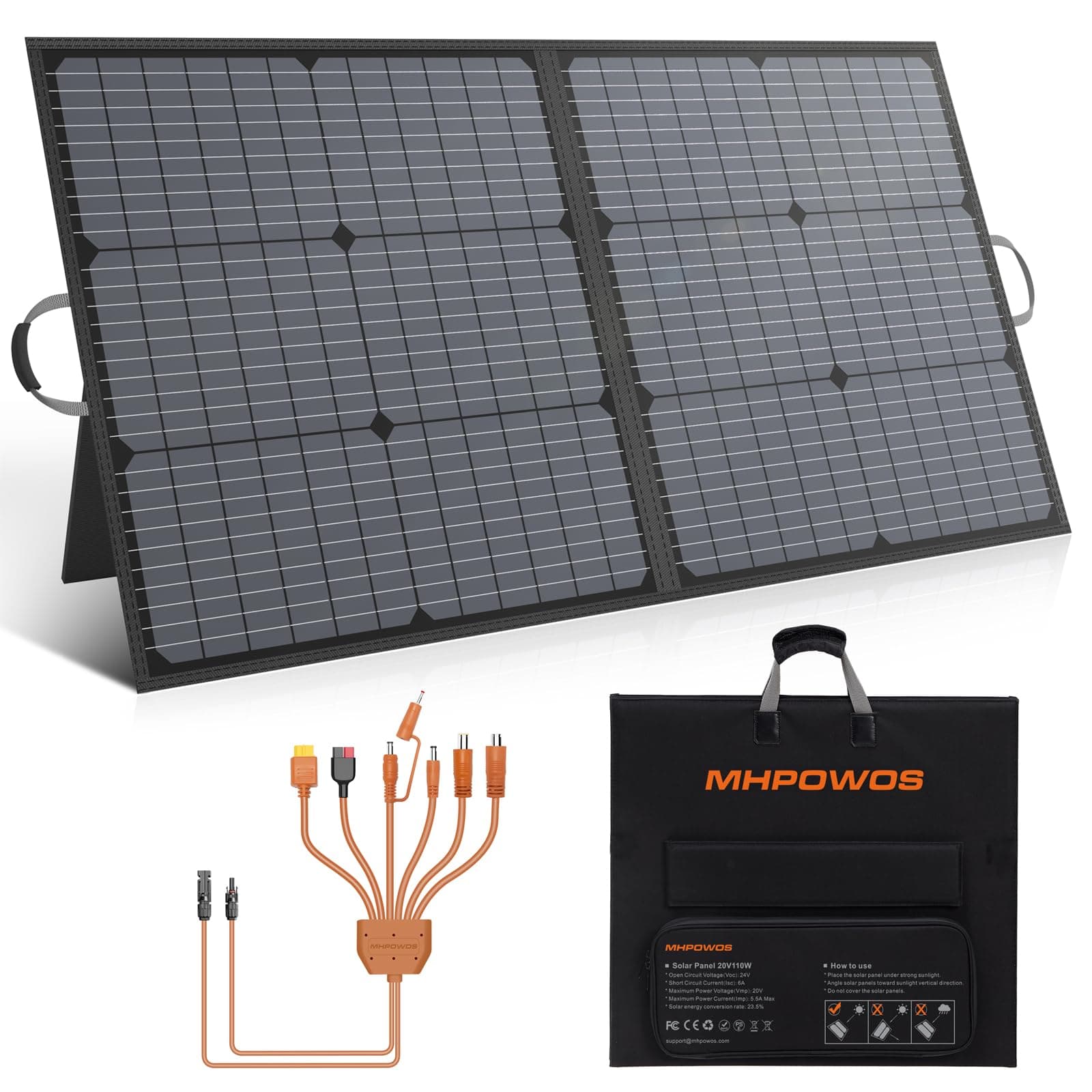 Tragbares Solarpanel 110W Solarladegerät, faltbares Solarpanel IP67 wasserdichtes Kit mit 20V Ausgang, 23,5% Wirkungsgrad Modul für tragbare Stromstation, Outdoor Camping, Laptops, Wohnmobil, RV