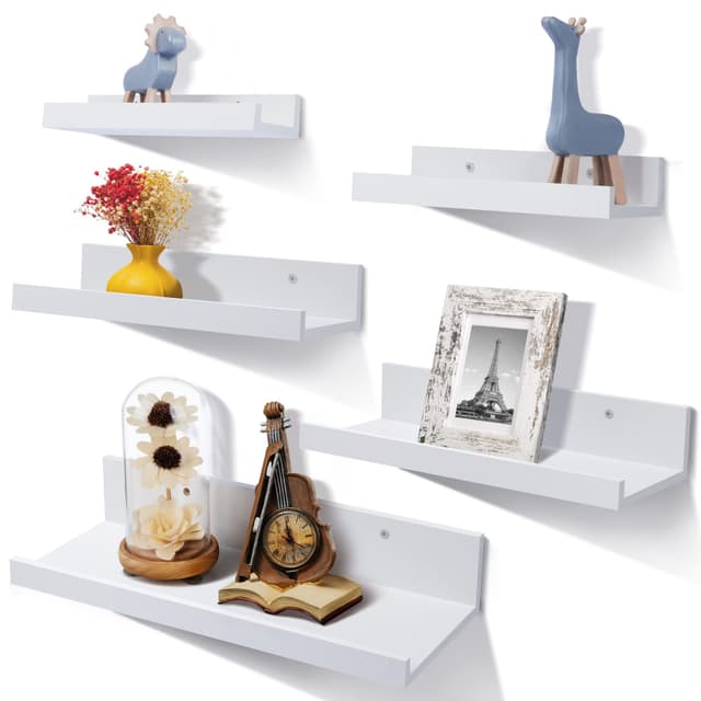 upsimples Wandregal Weiße Schweberagel, 5er Set Regal Wand Kinderzimmer, Bilderleiste Verschiedenen Größen, Regalbrett für Wohnzimmer, Badezimmer, Küche, Schlafzimmer, Wandboard Weiss.