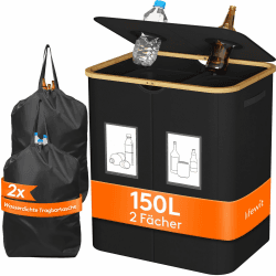 Lifewit 150L Pfandflaschen Sammelbehälter, Flaschen Organizer mit Deckel, Flaschensammler Leergut 2 Fächer, Pfandflaschen Aufbewahrung, Pfandflaschen Behälter für Kunststoff, Glasflaschen, Schwarz Schwarz 150L