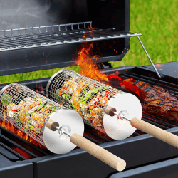 ivtivfu Nestbar Rollender Grillkorb, Abnehmbarer Holzgriff, Edelstahl 304, Outdoor Küche Grill Zubehör für Gemüse, Garten Camping Gadgets für Gasgrill, Geschenke Geburtstagsgeschenk für Männer Papa 2 Runden Angebot bei HelloDeals