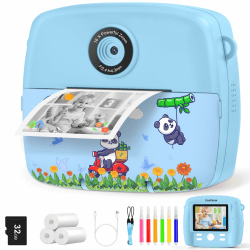 CNAPXAIA Sofortbildkamera Kinder, 2,4" Kinderkamera Sofortdruck mit 32GB Karte & 3 Rollen Druckpapier, Fotokamera Geburtstagsgeschenk für Jungen Mädchen ab 3-12 Jahren (Blau)