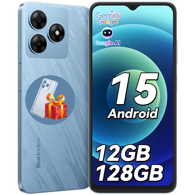 Blackview Handy Ohne vertrag Android 15, 12GB+128GB/2TB TF, 90Hz 6.56", 5000mAh Smartphone ohne vertrag Günstig, Octa Core, 13MP+8MP, Dual SIM/Fingerabdruck/GPS/OTG/Handytasche/Härtungsfolie Blu