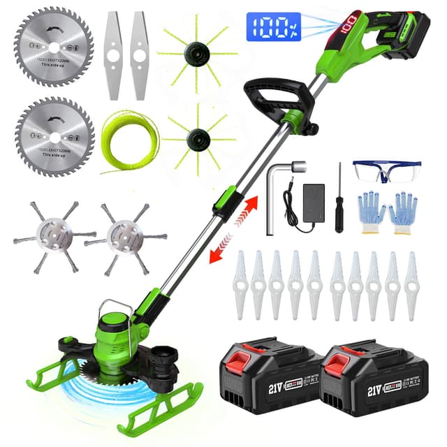 Rasentrimmer mit Akku, Akku Rasentrimmer für Makita-Akkus mit 5 Klingentypen, 5-in-1 Rasentrimmer mit Unkrautbürste 21V Freischneider Akku mit 2X4.0AH Akku für Garten und Rasen, Grün Grün-R