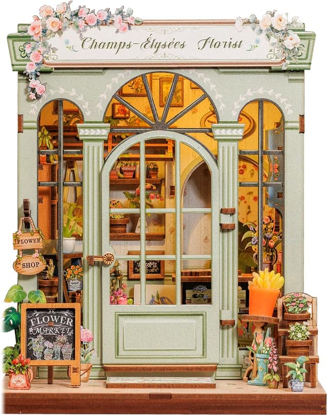 CUTEBEE Book Nook Kit - DIY Miniatur Puppenhaus zum Selberbauen mit LED-Beleuchtung Bücherregal Deko & Kreatives Set für Erwachsene (Champs-Élysées Florist)