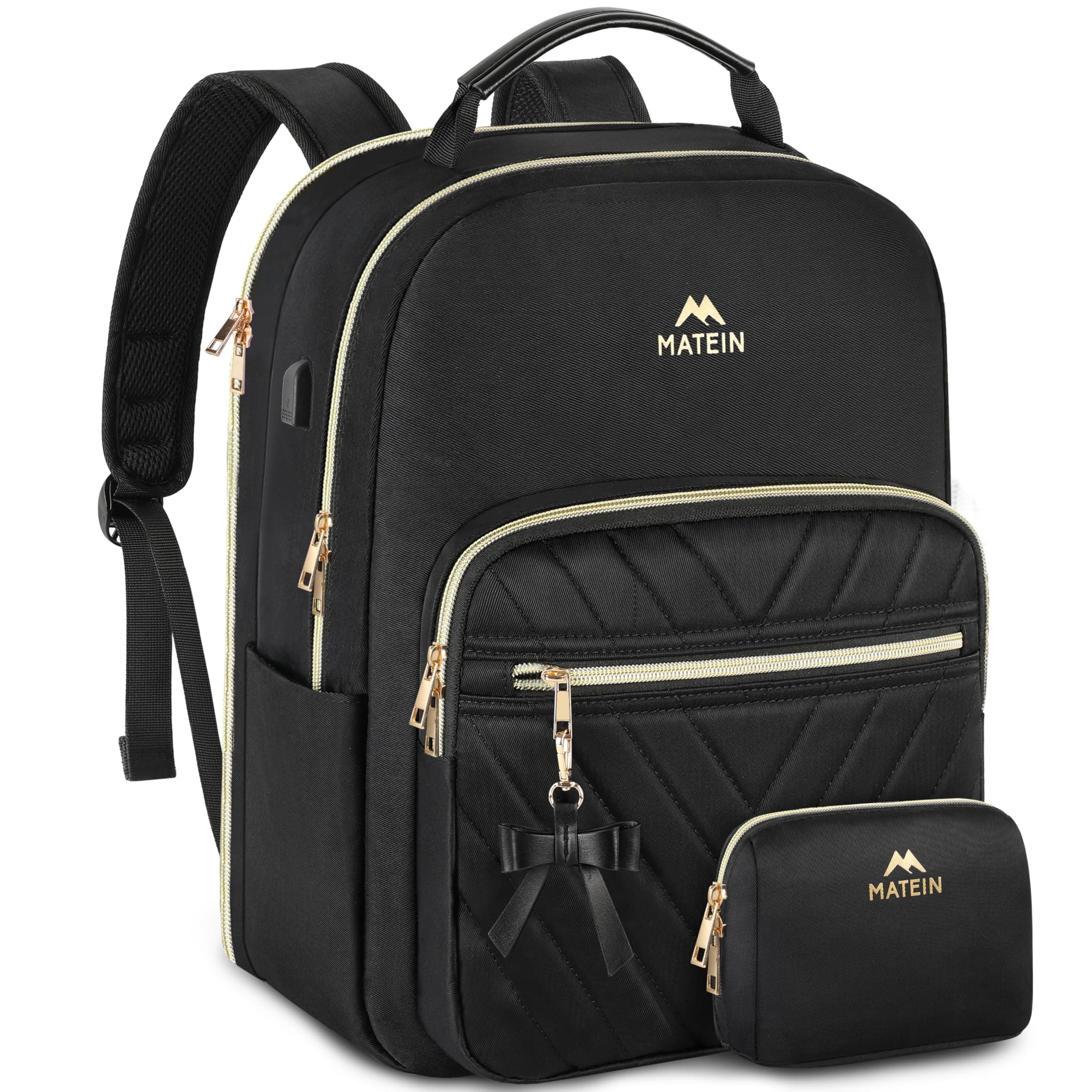 MATEIN Damen Rucksack Mittelgroß, 17,3 Zoll Laptop Rucksack Damen Viele Fächer Große Kapazität Schulrucksack Teenager Diebstahlsichere 2 in 1 mit USB Ladeanschluss für Stadt Reisen， Schwarz Large-17,3 Zoll Schwarz
