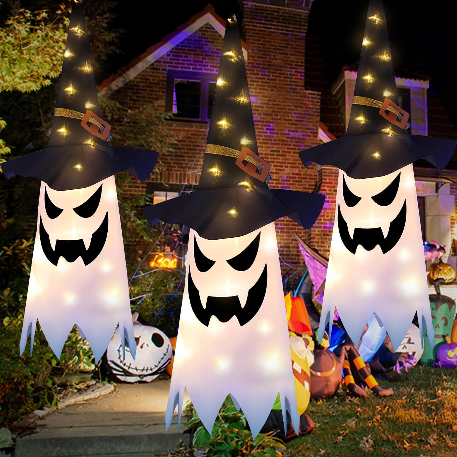 TJYAEKLTD Halloween Decorations, Hanging Lighted Glowing Ghost with Einen Hexenhut, 3 Pack 80x25cm Halloween Deko Outdoor Innen Lrgendwo Hin