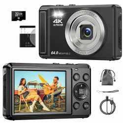 Digitalkamera 4K 64MP, 2.8 Zoll UHD Autofokus Kompaktkameras, 32GB Karte & Akku,16X Digitalzoom Wiederaufladbare Tragbare Vlog Kamera mit für Kinder Anfänger Jugendliche Full-Size