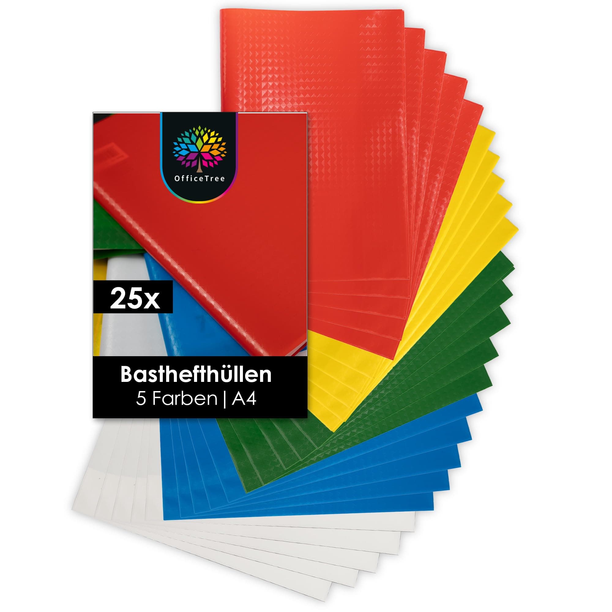 OfficeTree 25x Heftumschläge A4 Bunt - 5 Farben - Bastoptik - Hefthüllen A4 Bunt inkl. 25 Etiketten - Schutz Umschläge Heft für Schule & Büro - Hefteinband wasserabweisend - Heft Umschlag