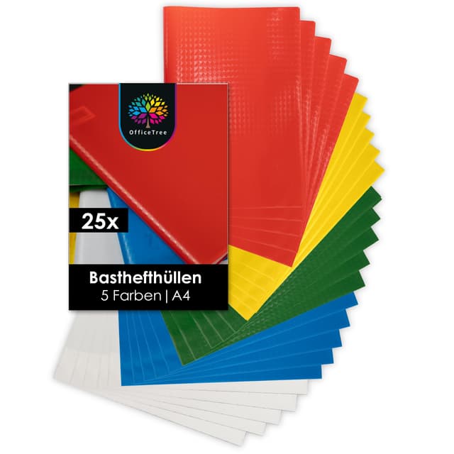 OfficeTree 25x Heftumschläge A4 Bunt - 5 Farben - Bastoptik - Hefthüllen A4 Bunt inkl. 25 Etiketten - Schutz Umschläge Heft für Schule & Büro - Hefteinband wasserabweisend - Heft Umschlag