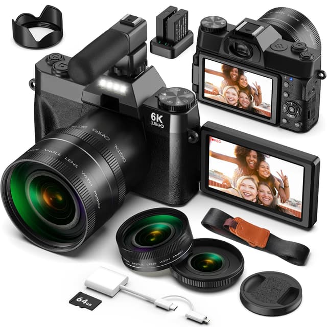 Digitalkamera 6K 64MP Kamera Fotokameras mit WiFi, 64GB SD Karte, Mikrofon, Autofokus, 16X Zoom,180° Klappbarem Display für Selfies Kompaktkamera für YouTube, Anfänger, Makro und Weitwinkelobjektiv black-1