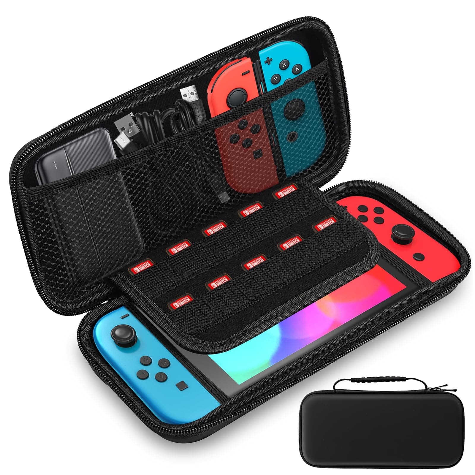 Lrocotanc Switch Hartschalen –Transporttasche für Nintendo Switch und Switch OLED – Switch Tasche – Switch OLED Tasche – Mit 10 Spielekartenfächern und Zubehöraufbewahrung Schwarze
