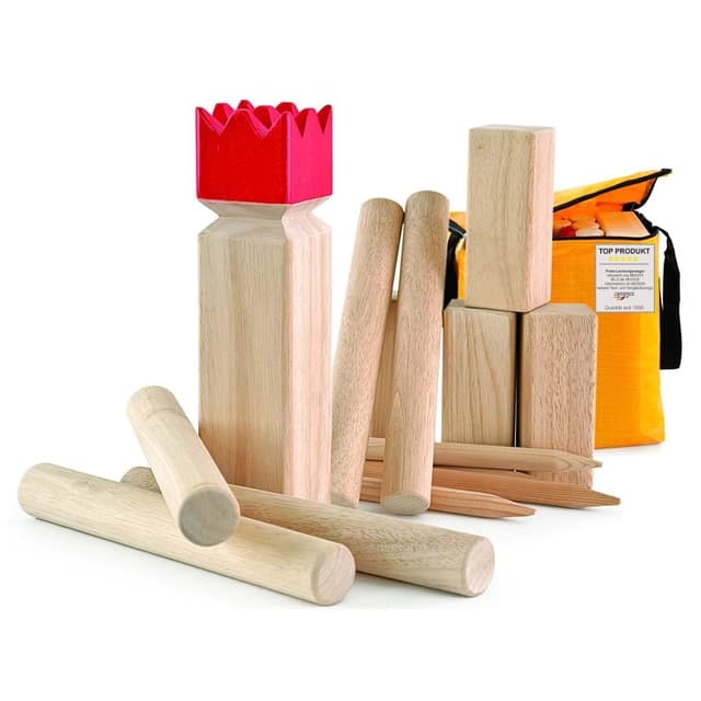 Carromco Original Wikingerschach Holz Premium – Kubb Spielset aus Gummibaumholz, wetterfest, inkl. Tragetasche – Outdoor Geschicklichkeitsspiel für Garten & Strand