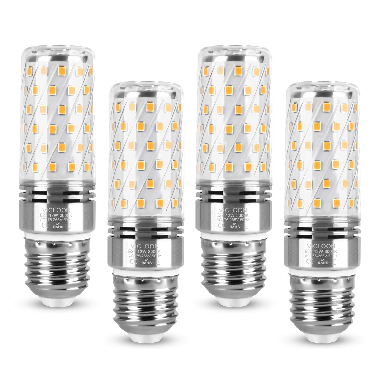 Vicloon LED Mais Glühbirnen, 12W E27 Mais Birnen mit 84 LEDs, 1400LM Entspricht 100W Glühbirnen, Warmweiß 3000K, Groß Abstrahlwinkel 360°, Kein Flackern, Led Leuchtmittel, 4er-Pack