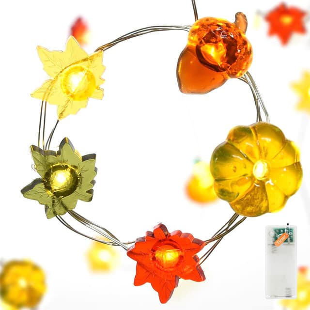 Auting Herbst Dekoration,LED Lichterkette 2M 20LED Kürbis Ahornblätter Eichel lichterketten herbst deko Batterie mit Timer, Herbst Lichterketten Innen for Herbst Deko Erntedankfest und Party Deko F-Lichterkette Herbst 2M