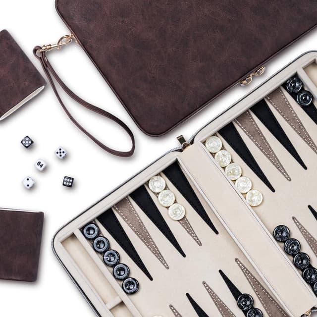 Backgammon-Sets für Erwachsene, klassisches Brettspiel mit faltbarem Leder-Backgammonetui, tragbares Reise-Backgammon-Set, inklusive 30 künstlichen Horn-Checkern (Brown)
