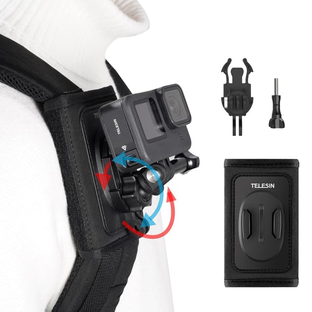 TELESIN Rucksack Schultergurt Halterung für GoPro Hero 13/12/11/10/9/8/7/6/5/4/Max, DJI OSMO Action, Insta360, mit 360 Grad Drehbarem Pad-J-Haken, Halter-Befestigungssystem, Action Kamera Zubehör