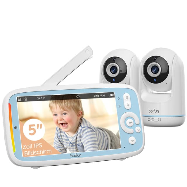 BOIFUN Babyphone mit 2 Kameras ohne WLAN, Automatische Bildwechsel, Intelligente Nachtsicht, PTZ 360° View, 5" IPS Babyfon, Zwei-Wege-Audio, VOX-Modus, Temperaturmessung, Wiegenlied, 300m Reichweite DE Single Baby Monitor with Two Camera