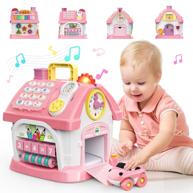 Spielzeug für 1 2 Jahre alte Mädchen: Montessori-Spielzeug für 1 Jahr alt, 6 in 1 Multi-Funktions-Haus Baby-Spielzeug mit Musik/Uhr/Licht/Telefon/Auto, Geburtstagsgeschenke für 1 2 Jahre alte Mädchen Pink