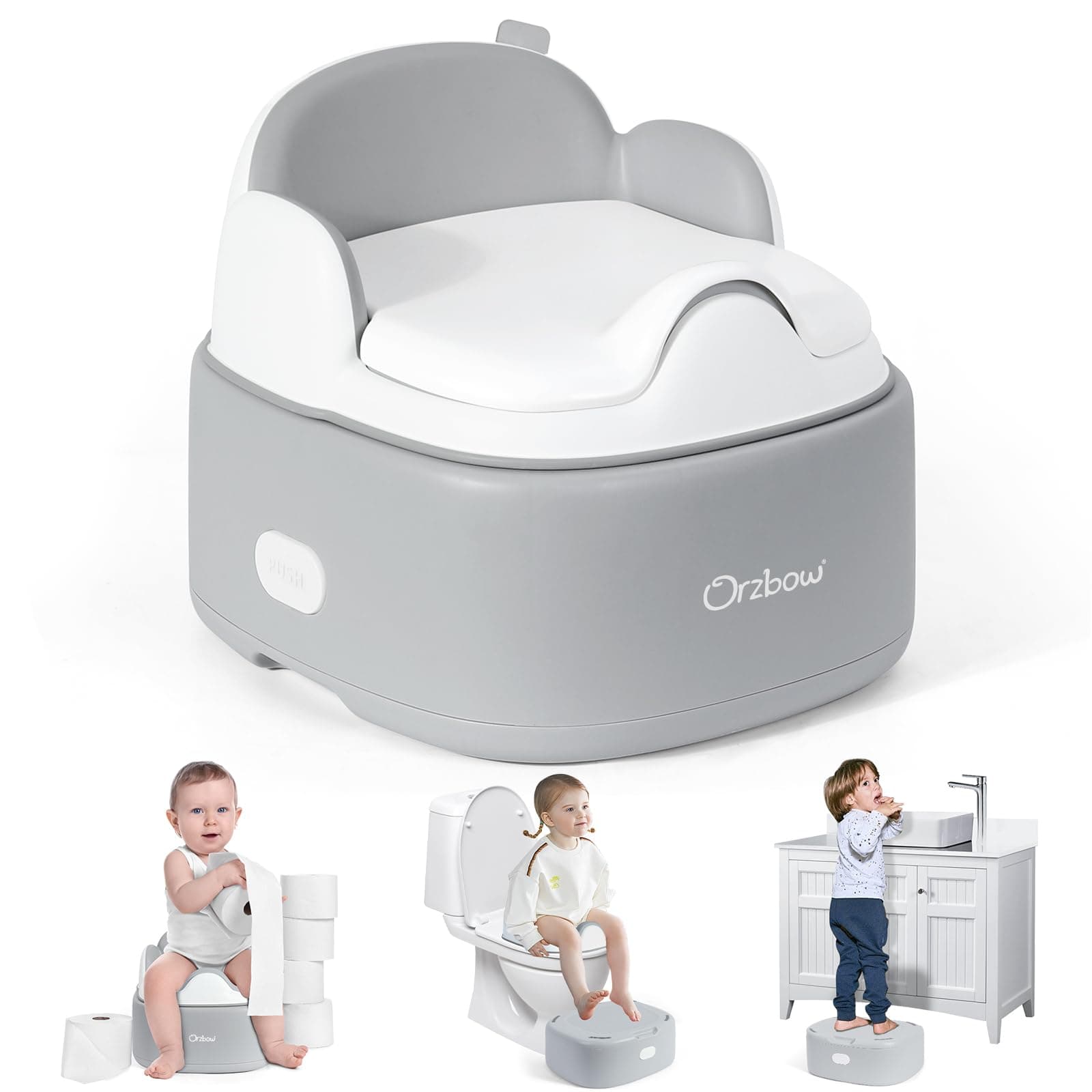 Orzbow Töpfchen für Kinder, 3-in-1 Toilettensitz Kinder mit Tritthocker, Verstaubar Kindertoilette mit Spritzschutz, Einfaches Design, Leicht zu Reinigen, Glatt und Gratfrei, Grau