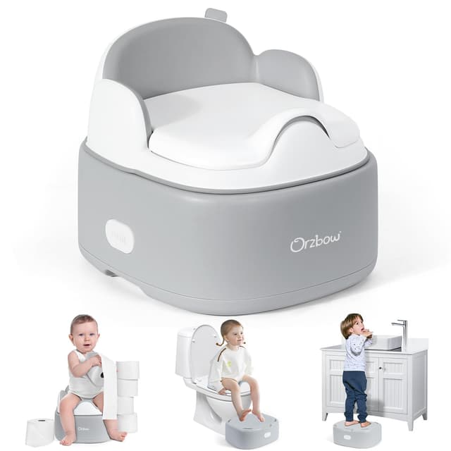 Orzbow Töpfchen für Kinder, 3-in-1 Toilettensitz Kinder mit Tritthocker, Verstaubar Kindertoilette mit Spritzschutz, Einfaches Design, Leicht zu Reinigen, Glatt und Gratfrei, Grau