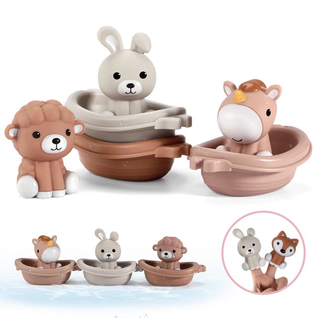 Nueplay Badewanne Spielzeug für Kleinkinder 18M+,Baby Bad Spielzeug mit Tier Finger Puppets, Stapelbare Boot Zug, Geschenk für Baby Kleinkinder Set von 6