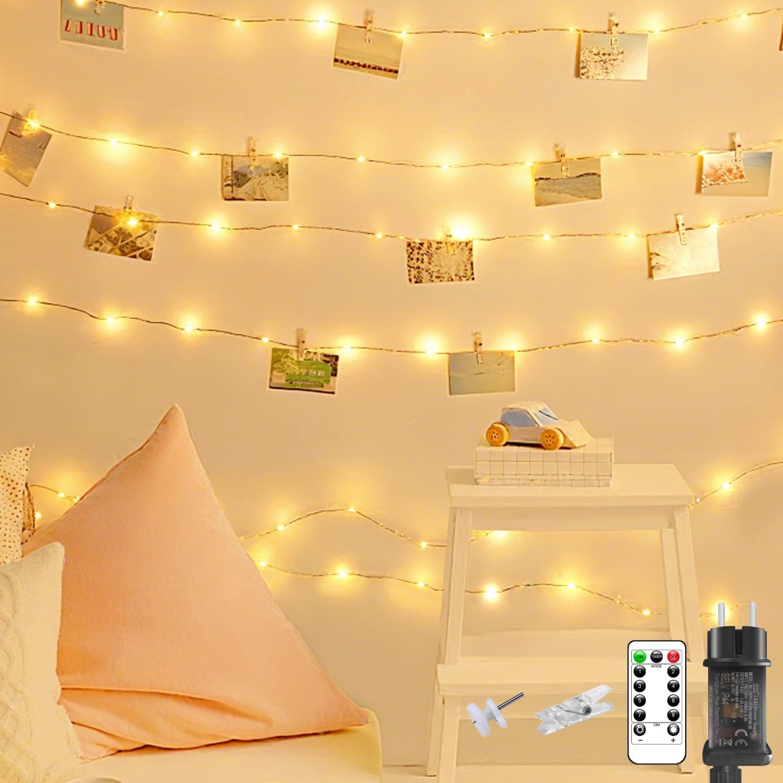 litogo Fotoclips Lichterkette für Zimmer Deko, 5M 50 LED Fotowand Lichterkette mit Steckdose und Fernbedienung, 8 Lichtmodi 30 Klammern Lichterkette Innen Außen Deko für Mädchen Geschenk Weihnachten Warmweiß 5M