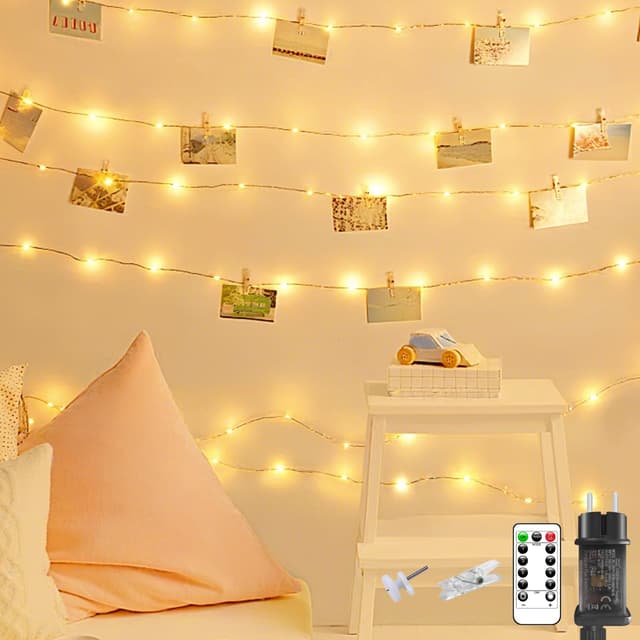litogo Fotoclips Lichterkette für Zimmer Deko, 5M 50 LED Fotowand Lichterkette mit Steckdose und Fernbedienung, 8 Lichtmodi 30 Klammern Lichterkette Innen Außen Deko für Mädchen Geschenk Weihnachten Warmweiß 5M