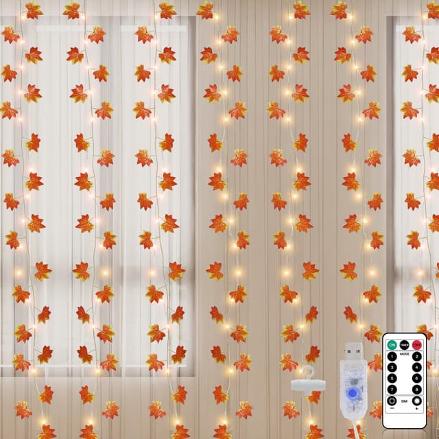Lichtervorhang Innen 2x2m, Ahornblatt mit 200 LEDs Herbst Ahornblatt Künstlich Lichterkette Vorhang Wasserdicht 8 Modi, USB Fake Lichterketten für Hochzeit Fenster Wand Party Weihnachten Schlafzimmer Ahornblatt Lichtervorhang 2x2m